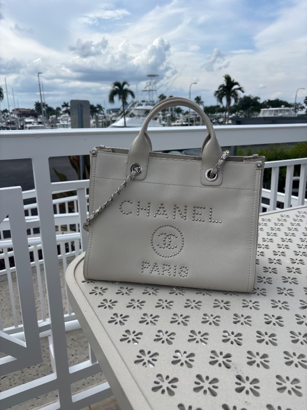 Chanel Studded Deauville Tote in Size Small Caviar Leather White Pre-Owned